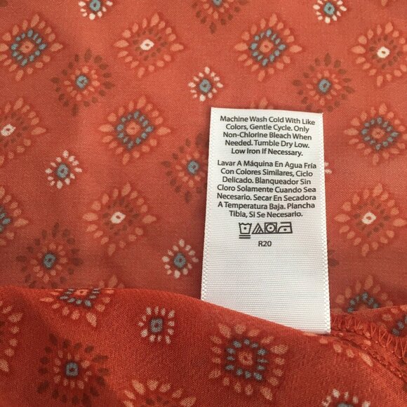 Boho Handkerchief hem Dress Women Large 12/14 red Orange print Long Sleeve - Picture 14 of 16